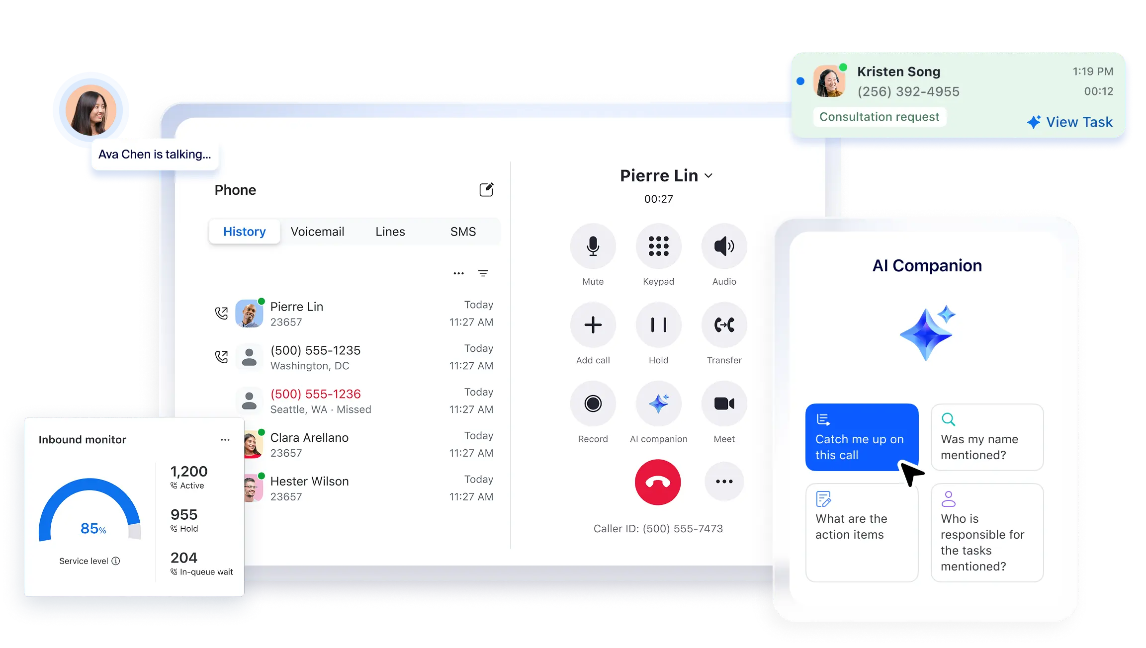 Zoom Phone-interface, gesprek met directnummer, AI Companion notuleert mee.