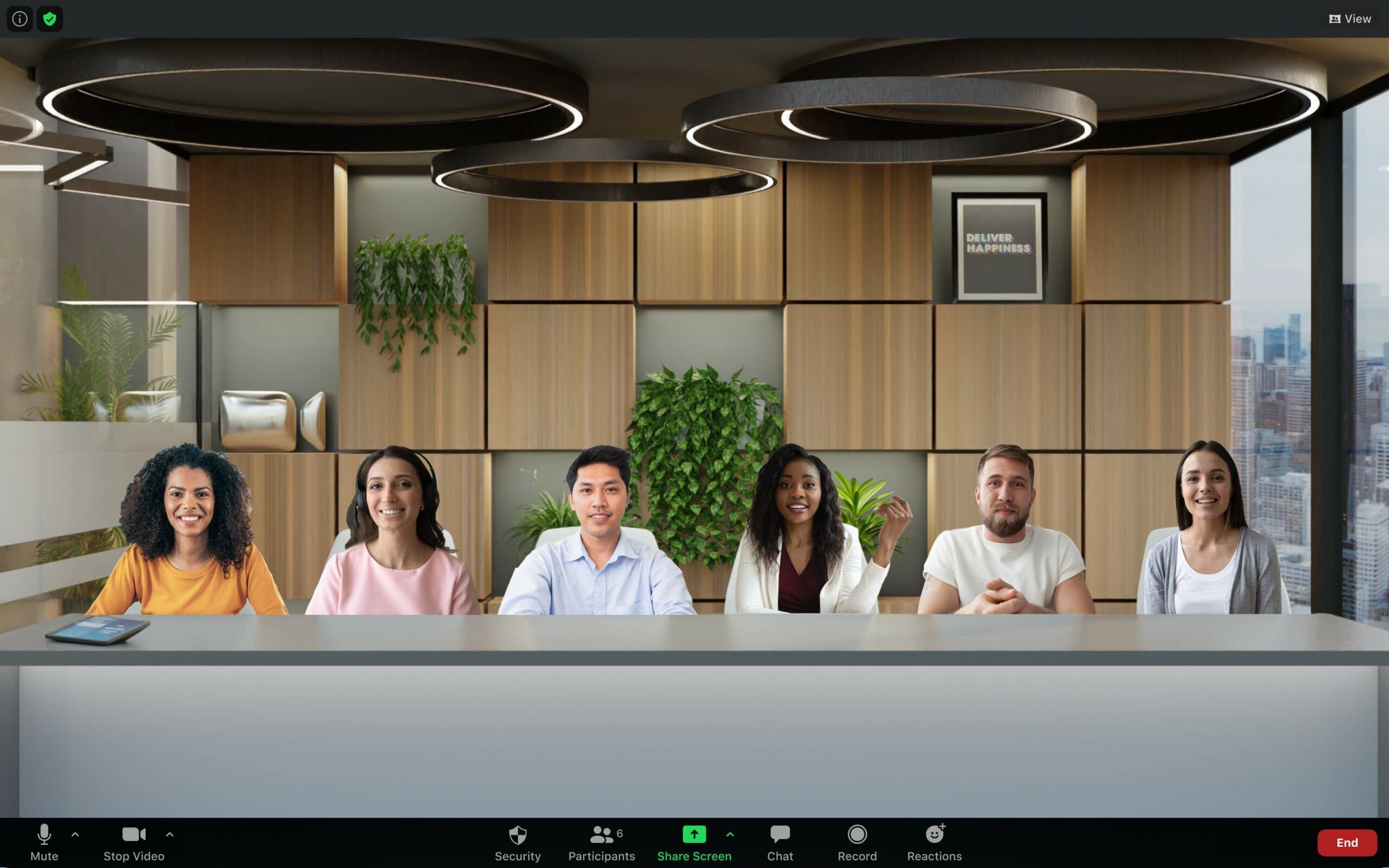 Boardroom met immersive Zoom-weergave, illustratie van een hybride moment waarin remote-deelnemers volwaardig meedoen aan het sociale weefsel.